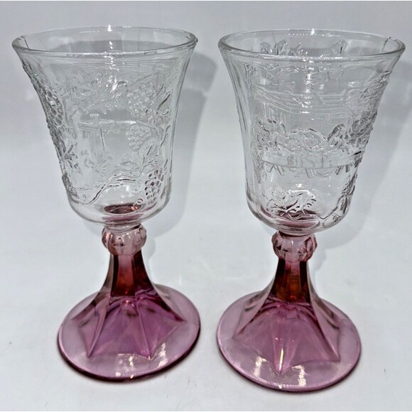 2 Vintage Tiara Indiana Glass Pink/Plum Fade Last Supper Wine Chalice Goblets 7” - Picture 1 of 16